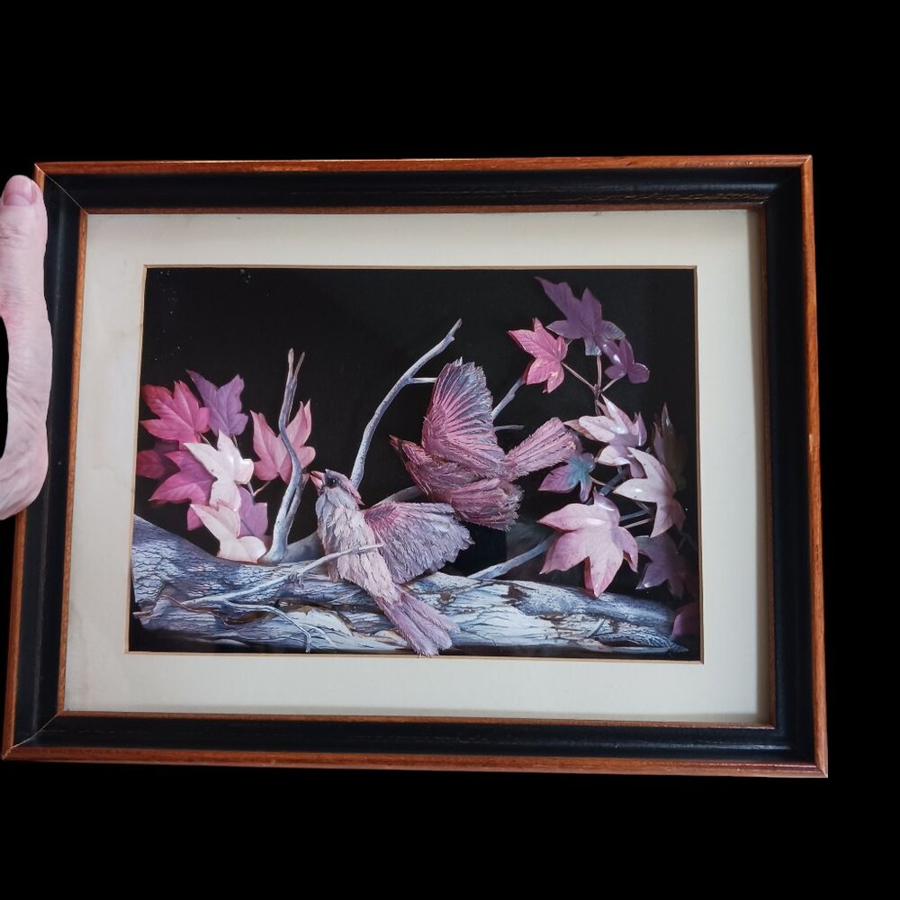 Vintage MCM Feather Art Shadow Box  3D Art Pastel Birds Artisan Handcrafted